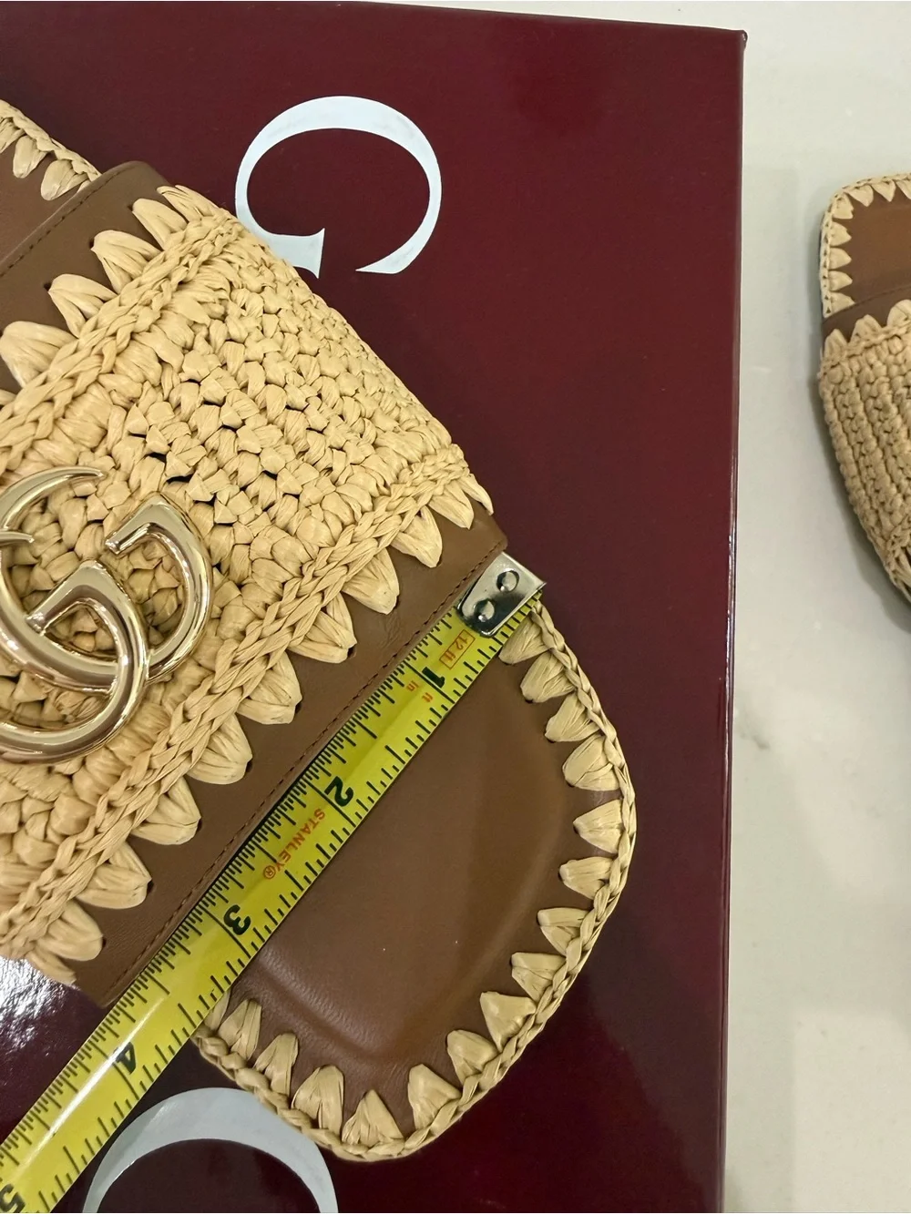 Gucci Brown and Natural Raffia Slide Sandals with Gold Double G